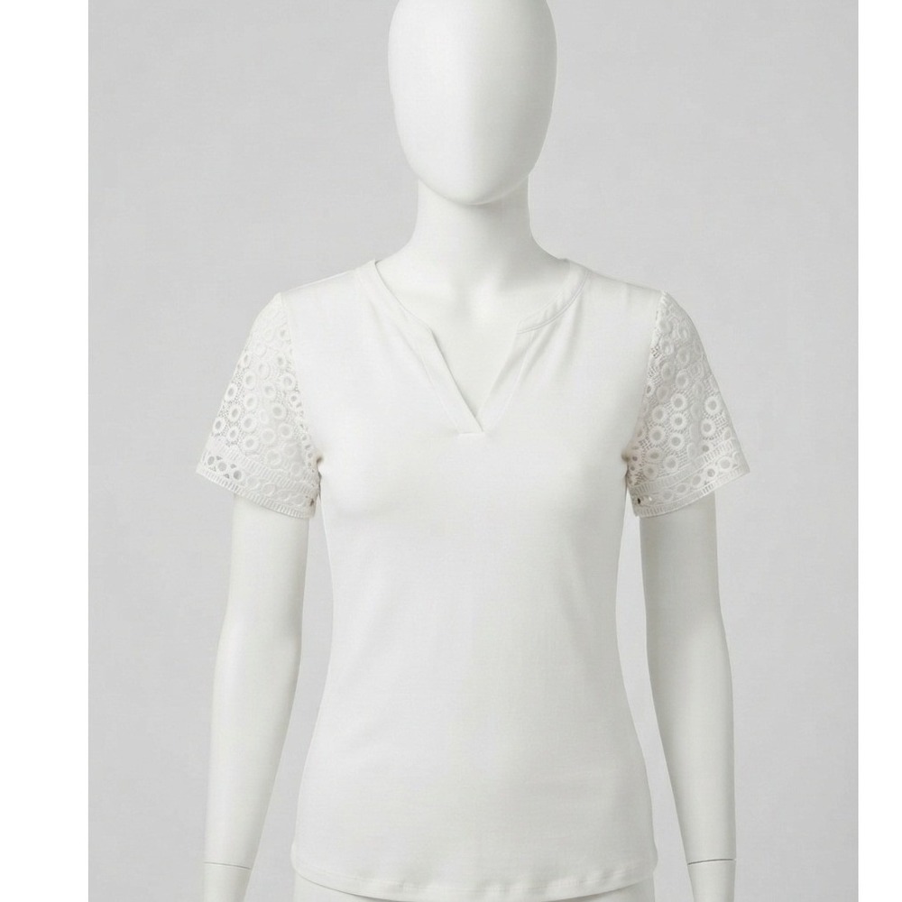Zattcas White Eyelet Lace Crochet Sleeve Split V-Neck Top Large